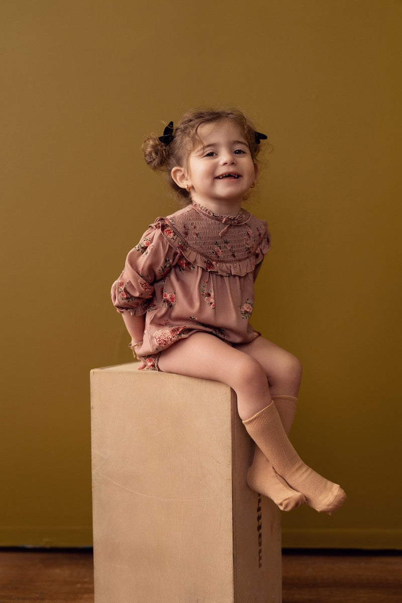 Pink Floral Print Smocked Yoke Romper