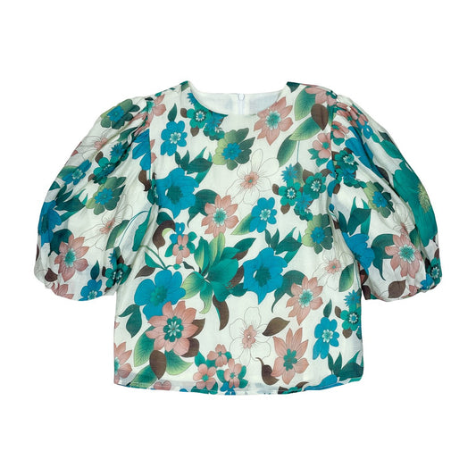 Teal Floral Puff Blouse