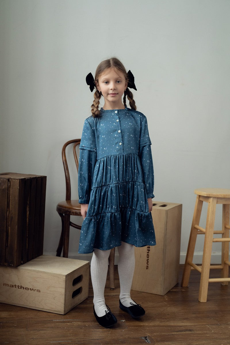 Blue Floral Print Tiered Dress