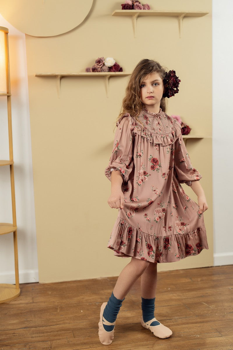 Pink Floral Print Smocked Yoke Dress