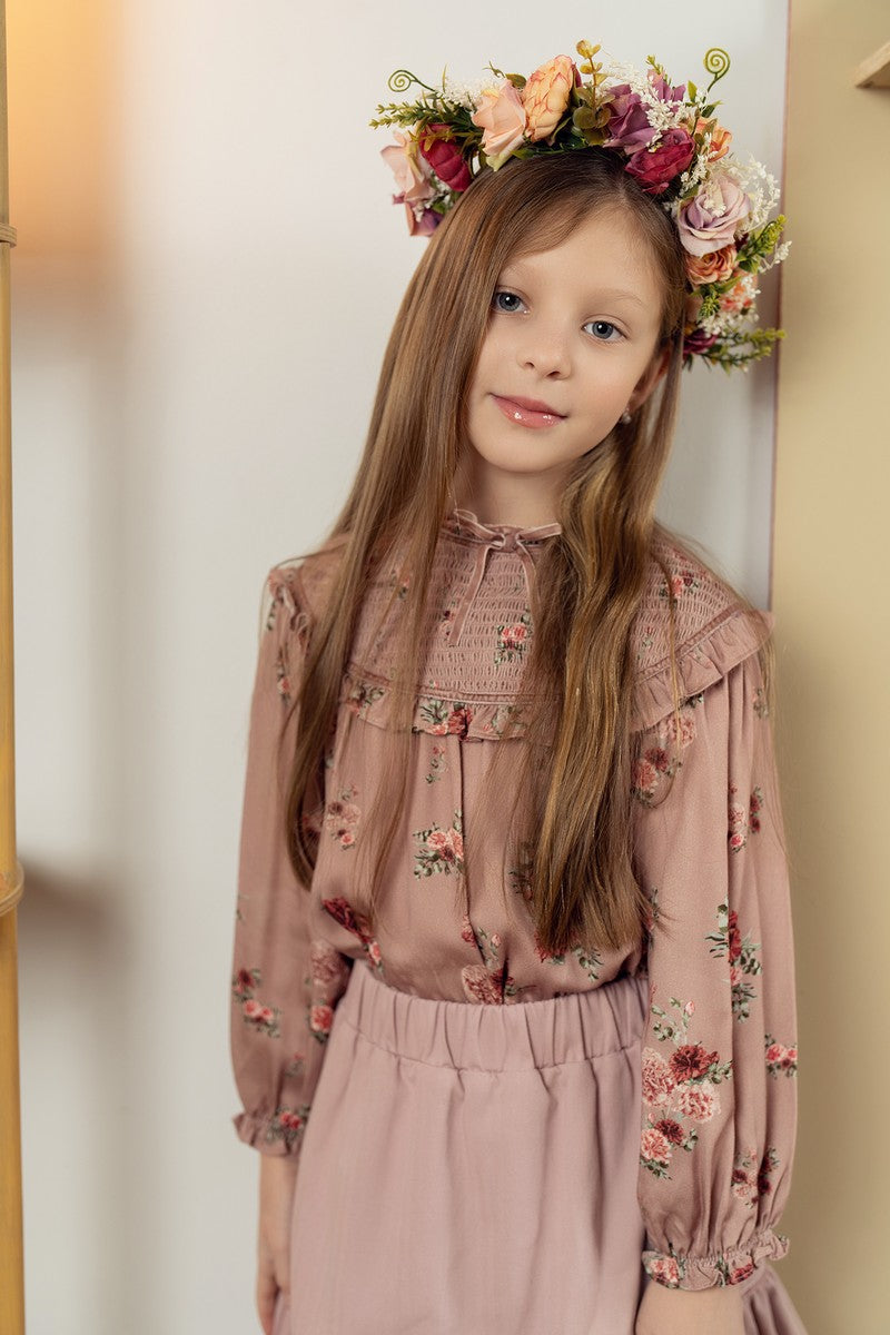 Pink Floral Print Smocked Yoke Top
