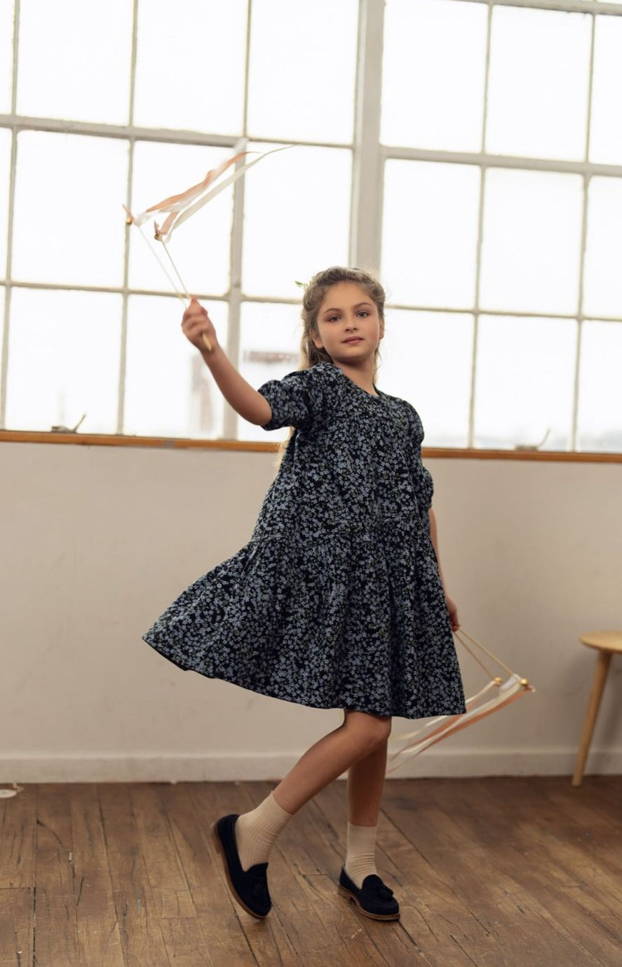 Blue Corduroy Layered Lace Dress