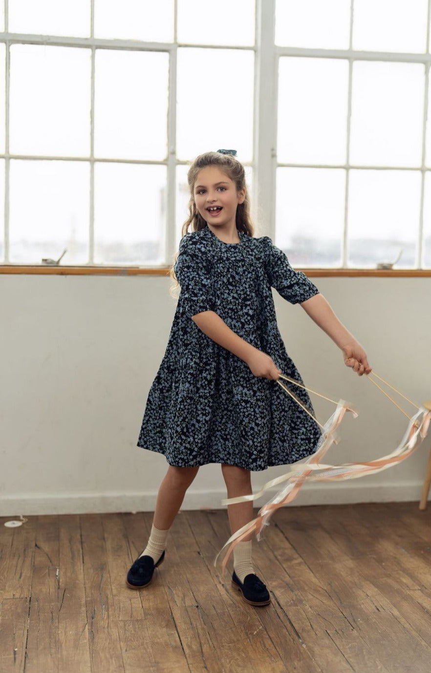 Blue Corduroy Layered Lace Dress
