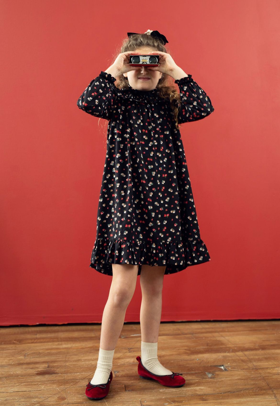 Red Floral Print Smocked Yoke Dress