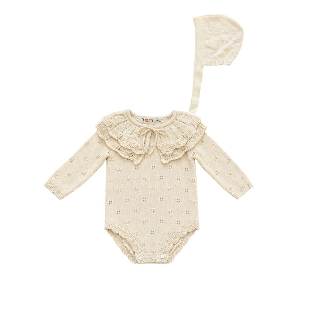 Ivory Ruffle Romper With Bonnet