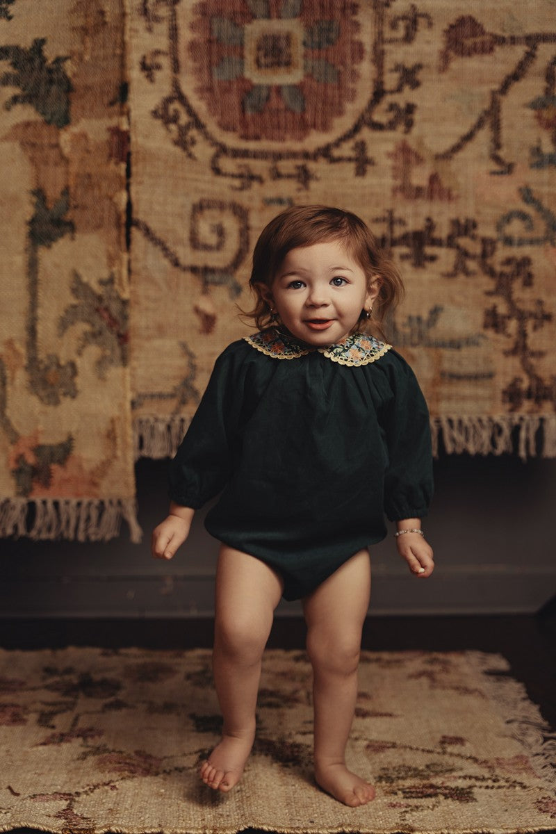 Bottle Green Floral Collared Romper