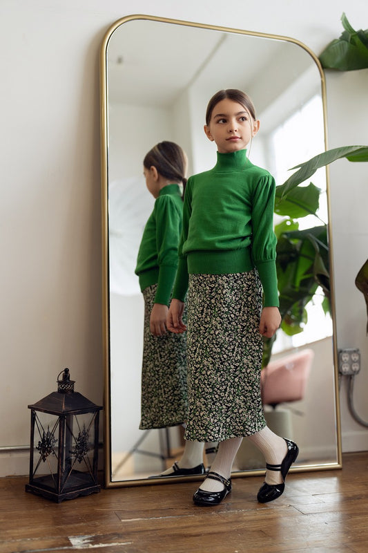 Green Floral Print Long Midi Skirt