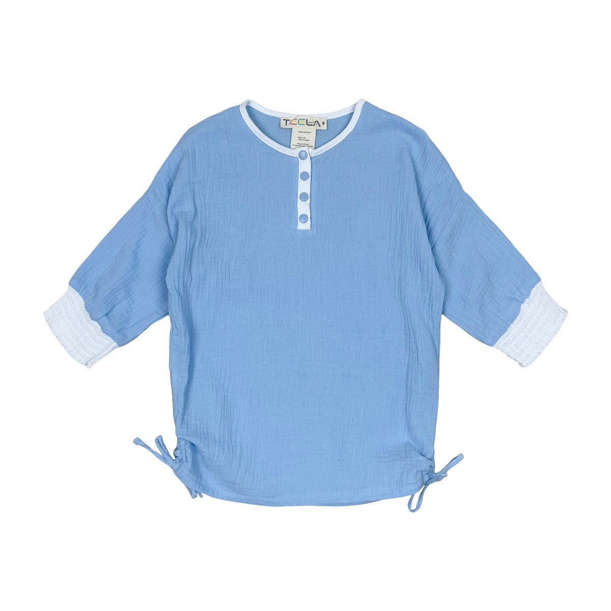 Blue And White Gauze Henley Girls Top