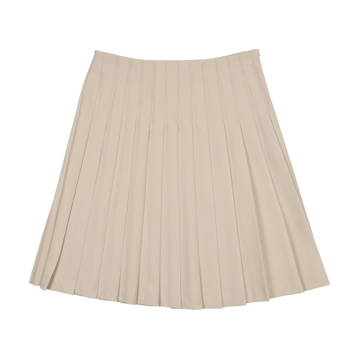 Beige pleated skirt photographed on its own, with no people in the frame